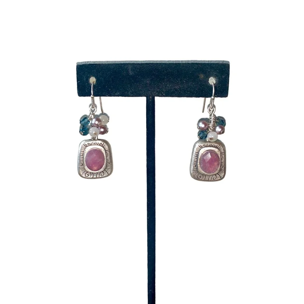 Sterling Silver Amethyst Color Stone Beaded Dangle Fishhook Earrings NWOT
